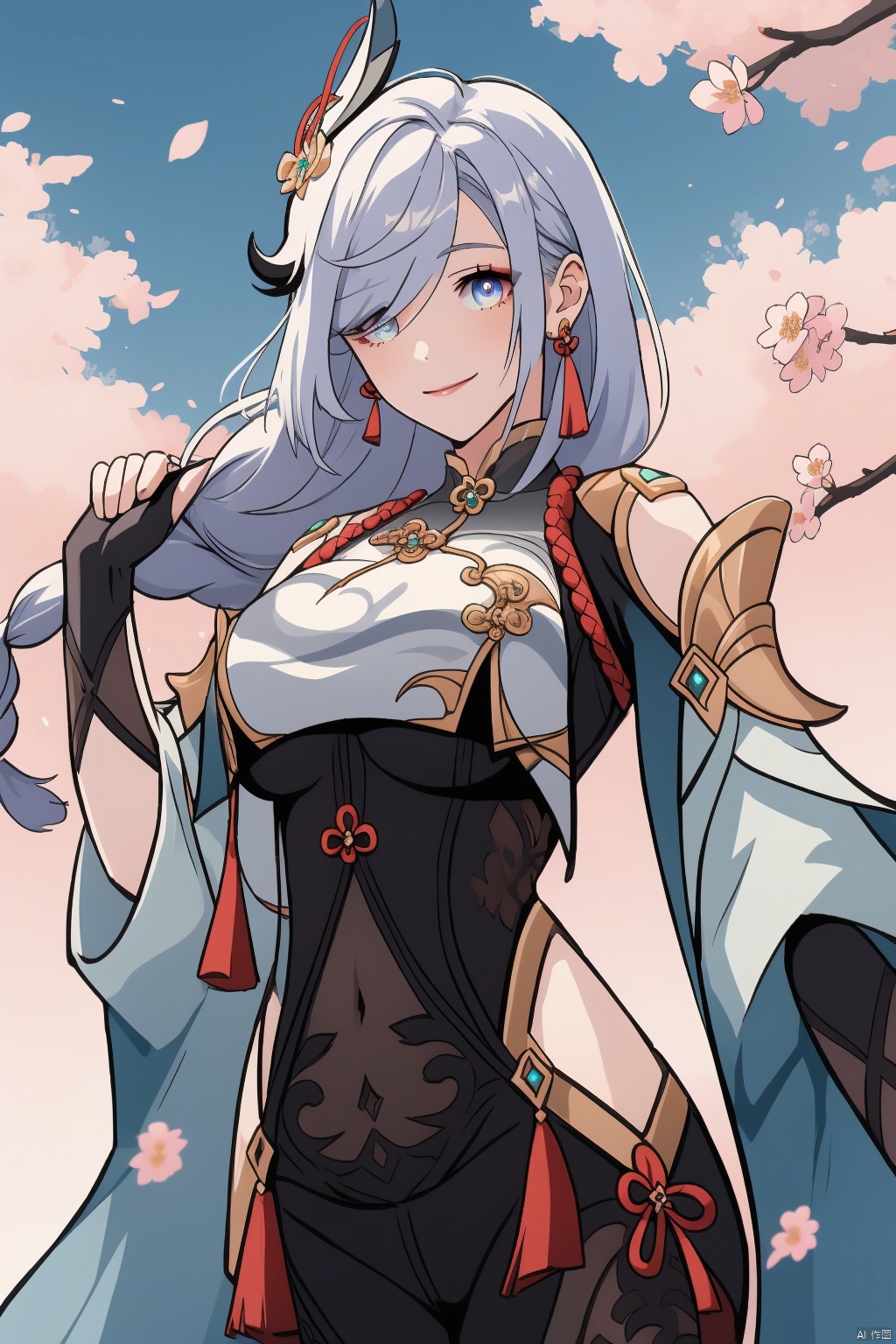 shenhe, 1girl, shenhe \(genshin impact\), solo, hair over one eye, hair ornament, long hair, breasts, looking at viewer, covered navel, breast curtain, blue eyes, bodysuit, hip vent, clothing cutout, gloves, cherry blossoms, smile, large breasts, shoulder cutout, flower, white hair, snowflakes, tassel, bangs, jewelry, braided ponytail, earrings, braid, holding, closed mouth, petals, black bodysuit, cowboy shot, black gloves, gold trim