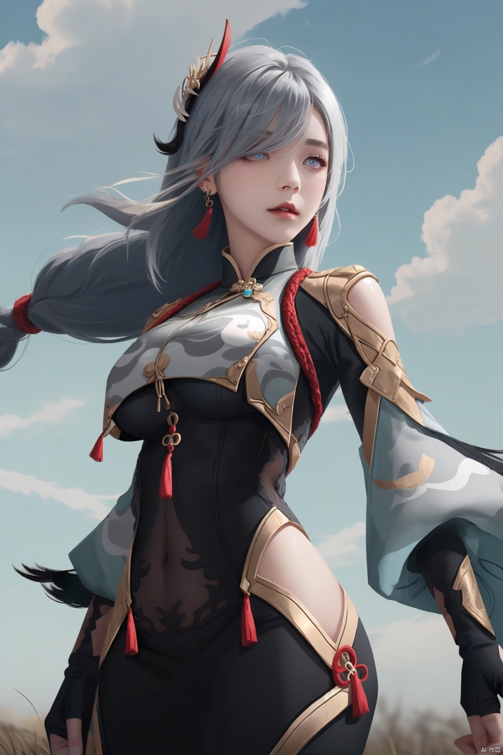 shenhe, 1girl, shenhe \(genshin impact\), solo, long hair, breast curtain, hair over one eye, breasts, tassel, bodysuit, hair ornament, hip vent, tassel earrings, covered navel, shoulder cutout, jewelry, clothing cutout, large breasts, black bodysuit, earrings, gloves, braid, bangs, grey hair, sky, closed mouth, puffy sleeves, cloud, very long hair, grey eyes, puffy long sleeves, outdoors, cowboy shot, gold trim, partially fingerless gloves, looking to the side, cloudy sky, black gloves, long sleeves, blue eyes
