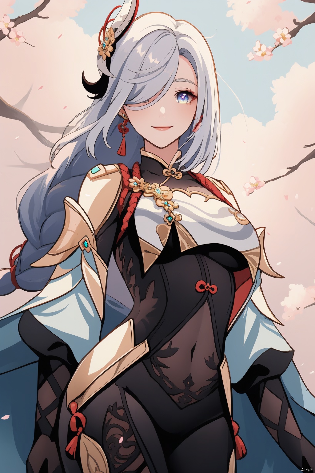 shenhe, 1girl, shenhe \(genshin impact\), solo, hair over one eye, hair ornament, long hair, breasts, looking at viewer, covered navel, breast curtain, blue eyes, bodysuit, hip vent, clothing cutout, gloves, cherry blossoms, smile, large breasts, shoulder cutout, flower, white hair, snowflakes, tassel, bangs, jewelry, braided ponytail, earrings, braid, holding, closed mouth, petals, black bodysuit, cowboy shot, black gloves, gold trim