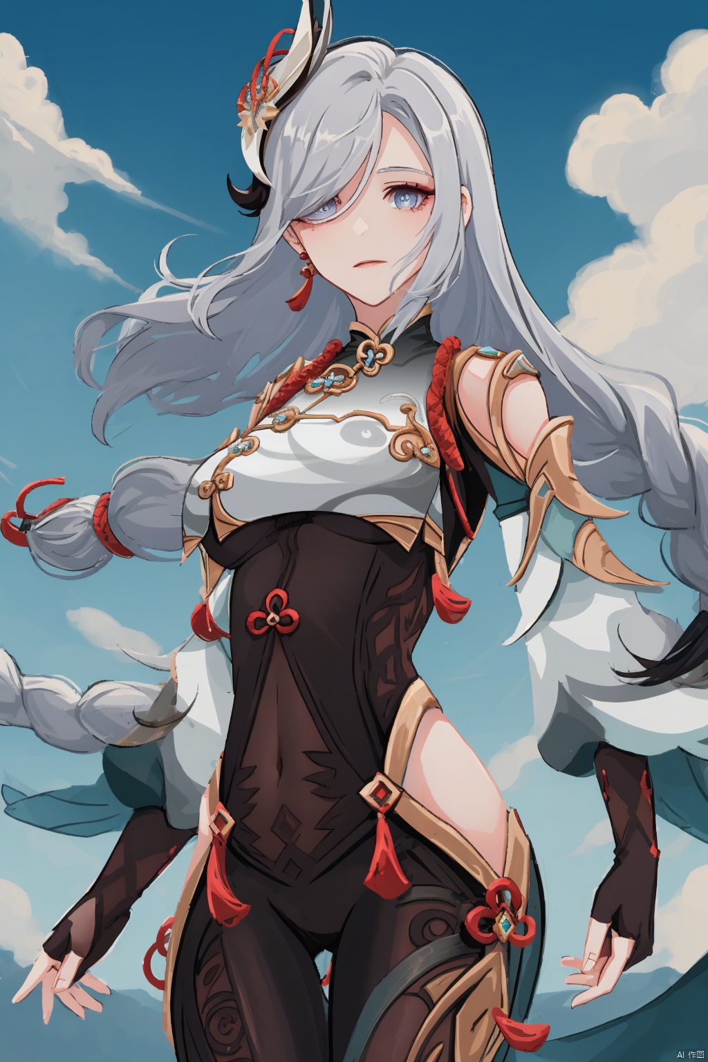 shenhe, 1girl, shenhe \(genshin impact\), solo, long hair, breast curtain, hair over one eye, breasts, tassel, bodysuit, hair ornament, hip vent, tassel earrings, covered navel, shoulder cutout, jewelry, clothing cutout, large breasts, black bodysuit, earrings, gloves, braid, bangs, grey hair, sky, closed mouth, puffy sleeves, cloud, very long hair, grey eyes, puffy long sleeves, outdoors, cowboy shot, gold trim, partially fingerless gloves, looking to the side, cloudy sky, black gloves, long sleeves, blue eyes