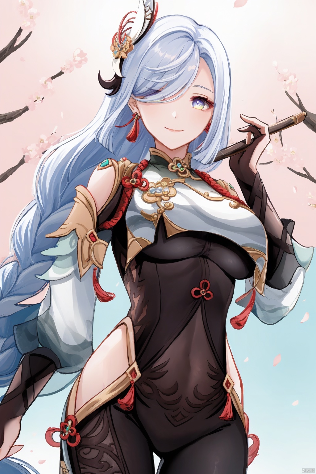 shenhe, 1girl, shenhe \(genshin impact\), solo, hair over one eye, hair ornament, long hair, breasts, looking at viewer, covered navel, breast curtain, blue eyes, bodysuit, hip vent, clothing cutout, gloves, cherry blossoms, smile, large breasts, shoulder cutout, flower, white hair, snowflakes, tassel, bangs, jewelry, braided ponytail, earrings, braid, holding, closed mouth, petals, black bodysuit, cowboy shot, black gloves, gold trim