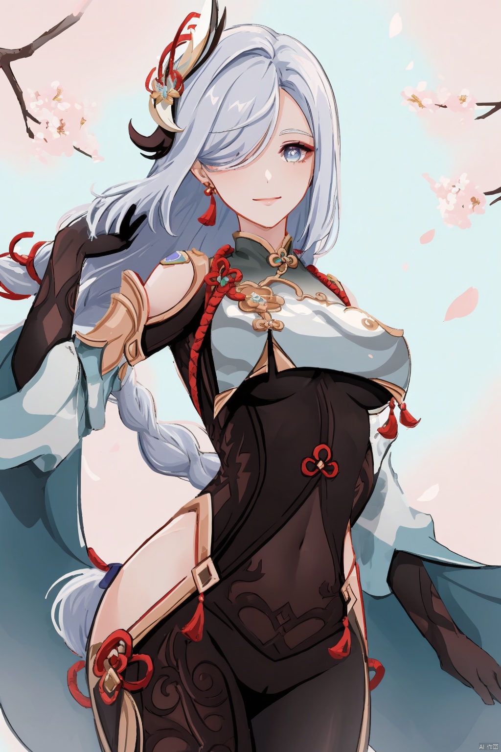 shenhe, 1girl, shenhe \(genshin impact\), solo, hair over one eye, hair ornament, long hair, breasts, looking at viewer, covered navel, breast curtain, blue eyes, bodysuit, hip vent, clothing cutout, gloves, cherry blossoms, smile, large breasts, shoulder cutout, flower, white hair, snowflakes, tassel, bangs, jewelry, braided ponytail, earrings, braid, holding, closed mouth, petals, black bodysuit, cowboy shot, black gloves, gold trim