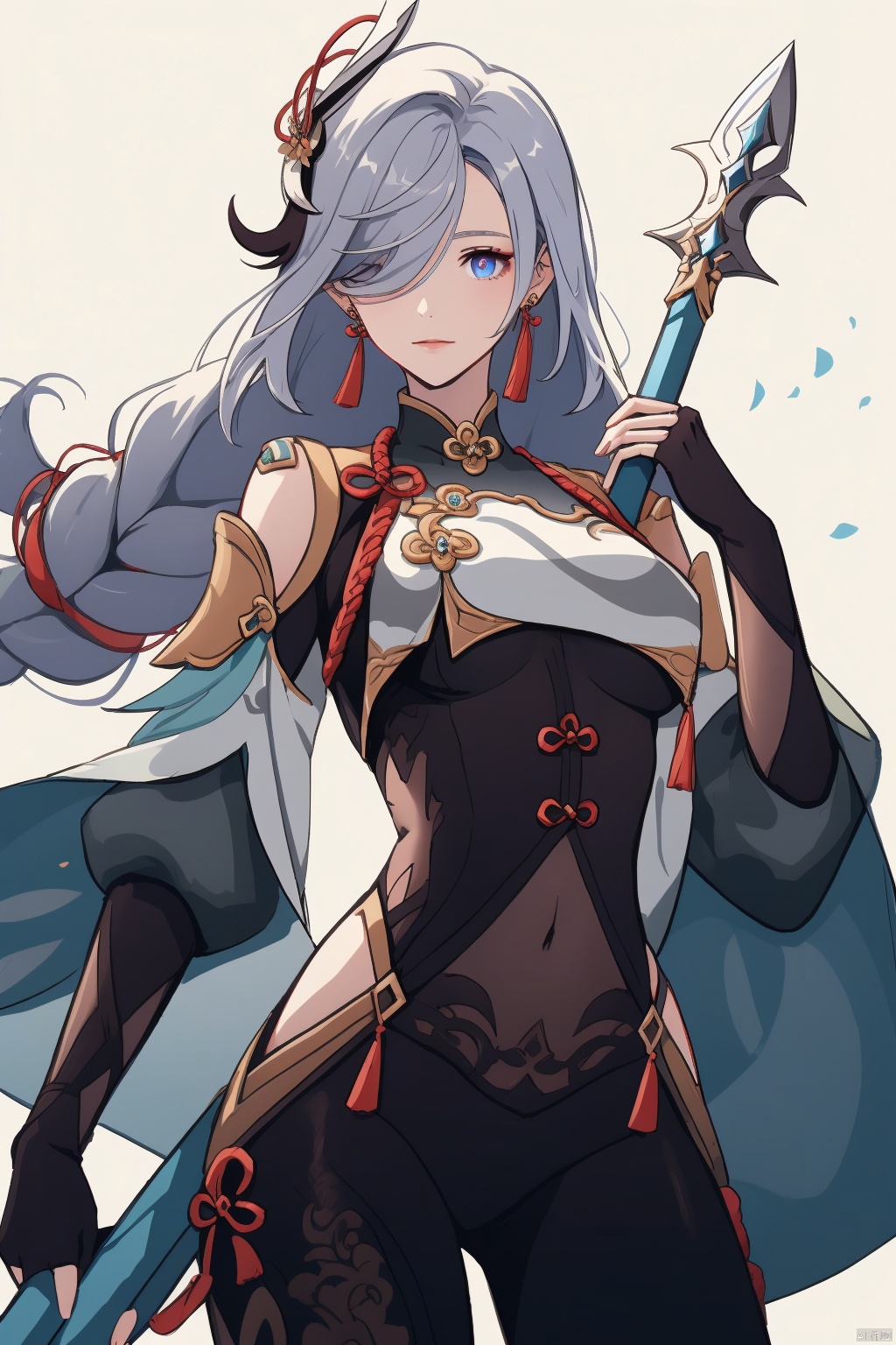 shenhe, 1girl, shenhe \(genshin impact\), solo, weapon, long hair, breast curtain, braid, hair over one eye, hair ornament, polearm, hip vent, holding, gloves, bodysuit, breasts, grey hair, jewelry, braided ponytail, covered navel, holding weapon, clothing cutout, earrings, looking at viewer, blue eyes, partially fingerless gloves, bangs, holding polearm, tassel, shoulder cutout, single braid, spear