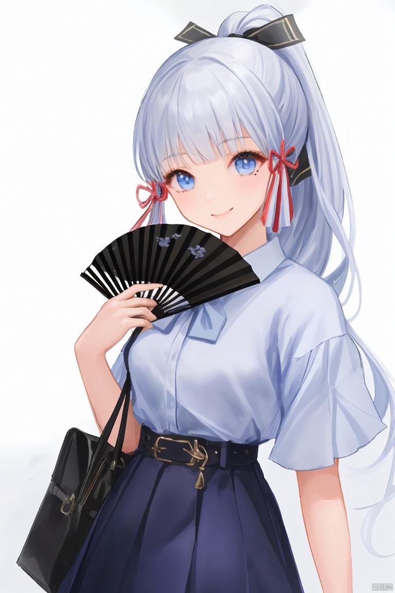  masterpiece,best quality,1girl, solo, long hair, looking at viewer, smile, bangs, blue eyes, skirt, simple background, shirt, white background, bow, ribbon, holding, blue hair, hair ribbon, white shirt, ponytail, short sleeves, sidelocks, alternate costume, puffy sleeves, belt, blunt bangs, bag, mole, blue skirt, mole under eye, mask, blouse, casual, hand fan, contemporary, handbag, folding fan, holding fan, fox mask, kamisato ayaka