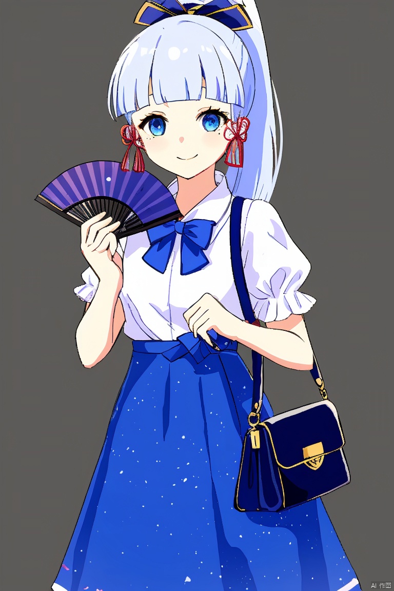  masterpiece,best quality,1girl, solo, long hair, looking at viewer, smile, bangs, blue eyes, skirt, simple background, shirt, white background, bow, ribbon, holding, blue hair, hair ribbon, white shirt, ponytail, short sleeves, sidelocks, alternate costume, puffy sleeves, belt, blunt bangs, bag, mole, blue skirt, mole under eye, mask, blouse, casual, hand fan, contemporary, handbag, folding fan, holding fan, fox mask, kamisato ayaka