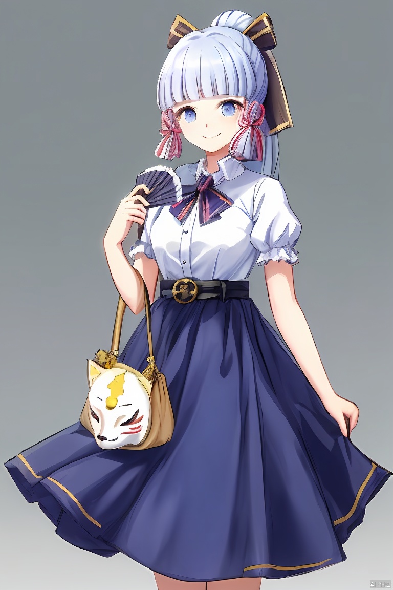  masterpiece,best quality,1girl, solo, long hair, looking at viewer, smile, bangs, blue eyes, skirt, simple background, shirt, white background, bow, ribbon, holding, blue hair, hair ribbon, white shirt, ponytail, short sleeves, sidelocks, alternate costume, puffy sleeves, belt, blunt bangs, bag, mole, blue skirt, mole under eye, mask, blouse, casual, hand fan, contemporary, handbag, folding fan, holding fan, fox mask, kamisato ayaka