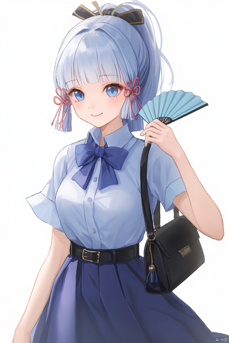  masterpiece,best quality,1girl, solo, long hair, looking at viewer, smile, bangs, blue eyes, skirt, simple background, shirt, white background, bow, ribbon, holding, blue hair, hair ribbon, white shirt, ponytail, short sleeves, sidelocks, alternate costume, puffy sleeves, belt, blunt bangs, bag, mole, blue skirt, mole under eye, mask, blouse, casual, hand fan, contemporary, handbag, folding fan, holding fan, fox mask, kamisato ayaka