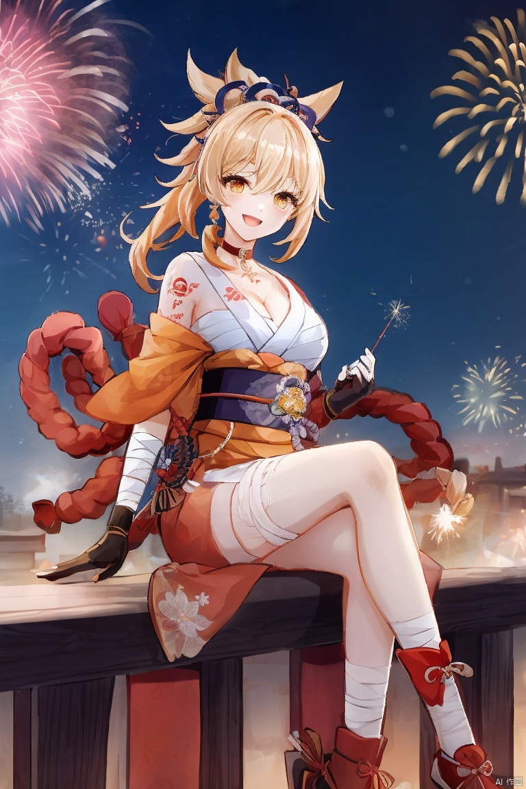  masterpiece,best quality,1girl, solo, breasts, smile, open mouth, bangs, blonde hair, hair ornament, gloves, cleavage, hair between eyes, sitting, yellow eyes, ponytail, :d, japanese clothes, choker, black gloves, fingerless gloves, kimono, orange eyes, sash, tattoo, night, bandages, obi, rope, night sky, sarashi, bandaged arm, vision \(genshin impact\), red choker, arm tattoo, shimenawa, bandaged leg, fireworks, chest tattoo, hadanugi dousa, orange kimono, single fingerless glove, sparkler, yoimiya \(genshin impact\)
