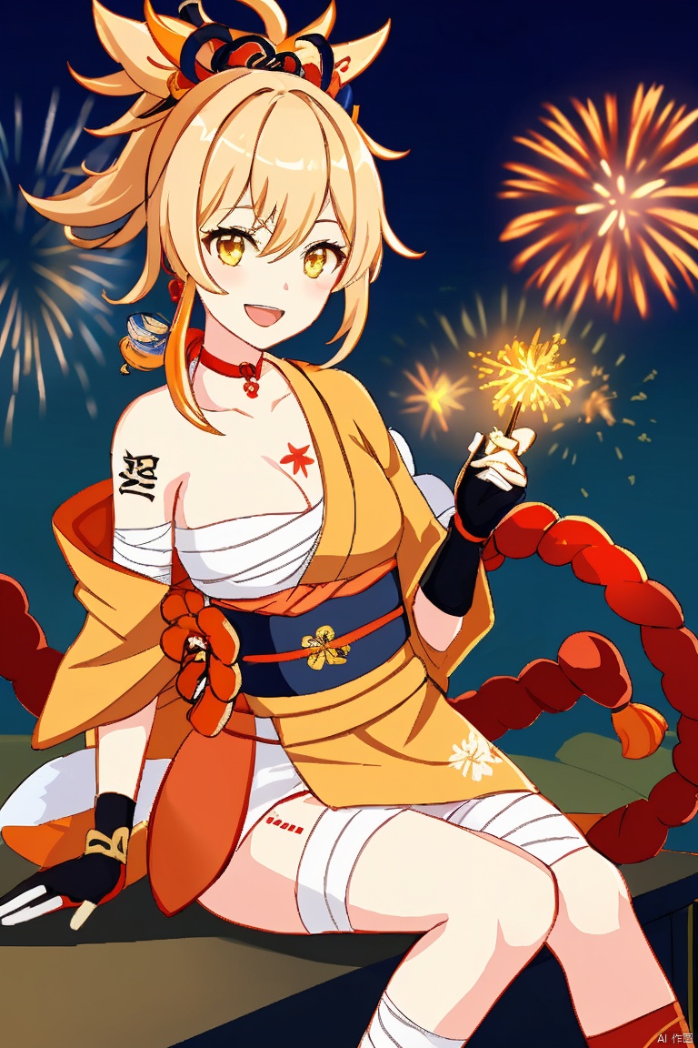 masterpiece,best quality,1girl, solo, breasts, smile, open mouth, bangs, blonde hair, hair ornament, gloves, cleavage, hair between eyes, sitting, yellow eyes, ponytail, :d, japanese clothes, choker, black gloves, fingerless gloves, kimono, orange eyes, sash, tattoo, night, bandages, obi, rope, night sky, sarashi, bandaged arm, vision \(genshin impact\), red choker, arm tattoo, shimenawa, bandaged leg, fireworks, chest tattoo, hadanugi dousa, orange kimono, single fingerless glove, sparkler, yoimiya \(genshin impact\)