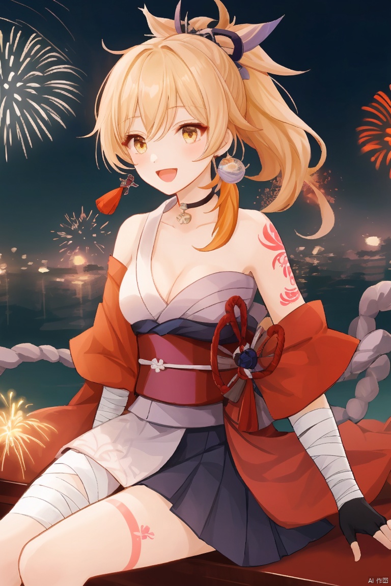  masterpiece,best quality,1girl, solo, breasts, smile, open mouth, bangs, blonde hair, hair ornament, gloves, cleavage, hair between eyes, sitting, yellow eyes, ponytail, :d, japanese clothes, choker, black gloves, fingerless gloves, kimono, orange eyes, sash, tattoo, night, bandages, obi, rope, night sky, sarashi, bandaged arm, vision \(genshin impact\), red choker, arm tattoo, shimenawa, bandaged leg, fireworks, chest tattoo, hadanugi dousa, orange kimono, single fingerless glove, sparkler, yoimiya \(genshin impact\)