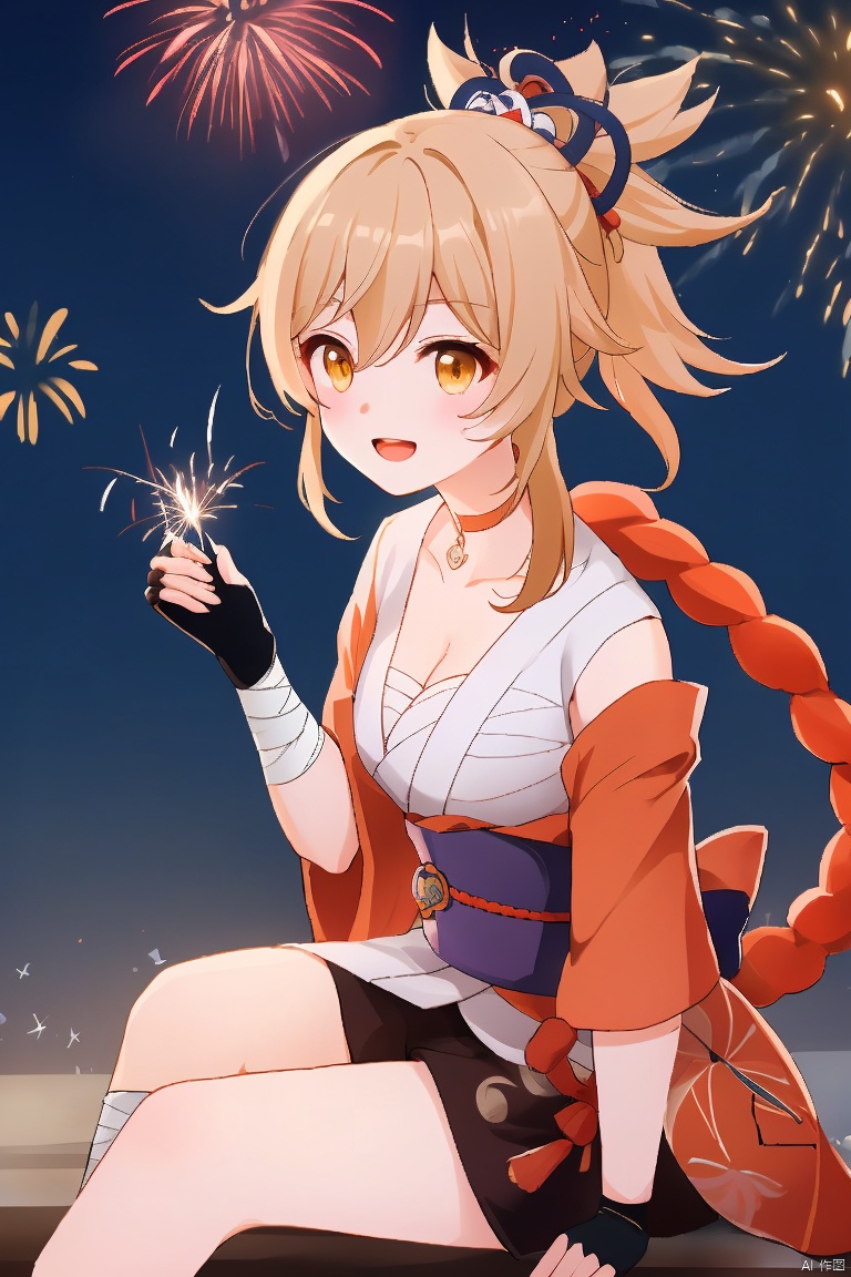  masterpiece,best quality,1girl, solo, breasts, smile, open mouth, bangs, blonde hair, hair ornament, gloves, cleavage, hair between eyes, sitting, yellow eyes, ponytail, :d, japanese clothes, choker, black gloves, fingerless gloves, kimono, orange eyes, sash, tattoo, night, bandages, obi, rope, night sky, sarashi, bandaged arm, vision \(genshin impact\), red choker, arm tattoo, shimenawa, bandaged leg, fireworks, chest tattoo, hadanugi dousa, orange kimono, single fingerless glove, sparkler, yoimiya \(genshin impact\)