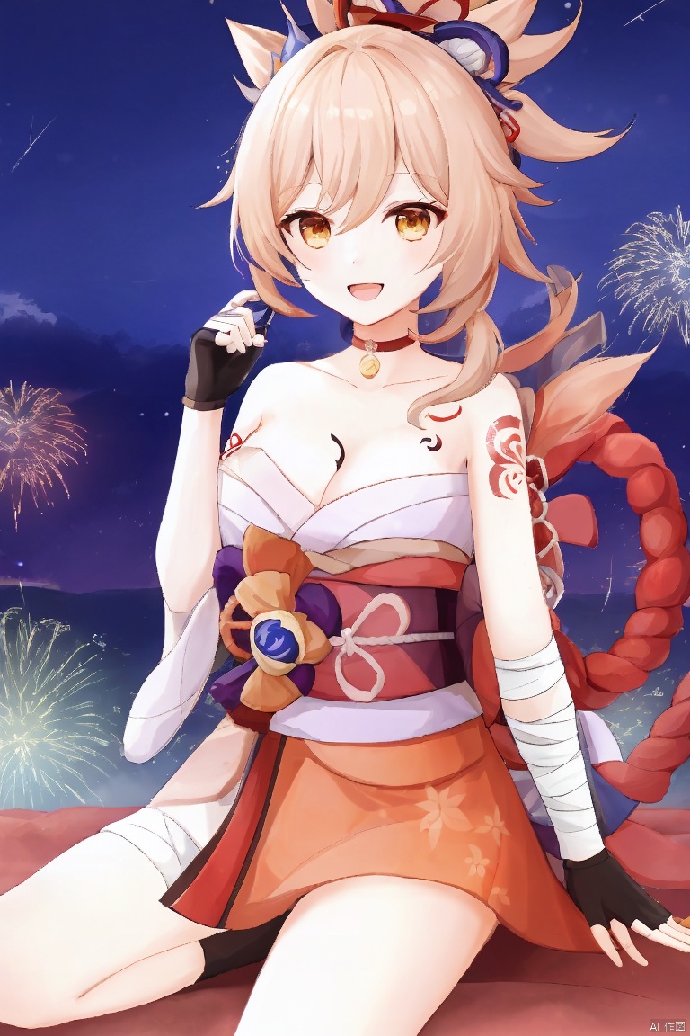  masterpiece,best quality,1girl, solo, breasts, smile, open mouth, bangs, blonde hair, hair ornament, gloves, cleavage, hair between eyes, sitting, yellow eyes, ponytail, :d, japanese clothes, choker, black gloves, fingerless gloves, kimono, orange eyes, sash, tattoo, night, bandages, obi, rope, night sky, sarashi, bandaged arm, vision \(genshin impact\), red choker, arm tattoo, shimenawa, bandaged leg, fireworks, chest tattoo, hadanugi dousa, orange kimono, single fingerless glove, sparkler, yoimiya \(genshin impact\)