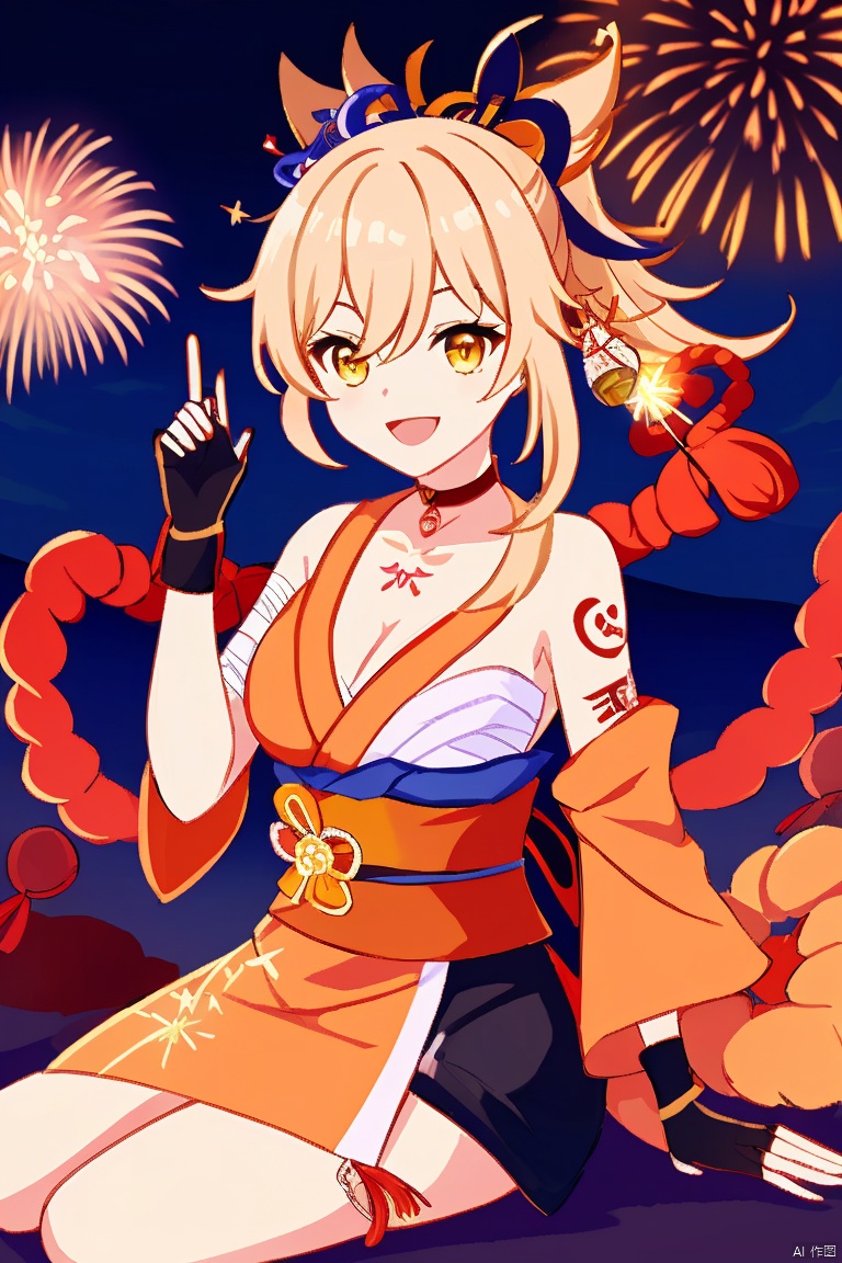  masterpiece,best quality,1girl, solo, breasts, smile, open mouth, bangs, blonde hair, hair ornament, gloves, cleavage, hair between eyes, sitting, yellow eyes, ponytail, :d, japanese clothes, choker, black gloves, fingerless gloves, kimono, orange eyes, sash, tattoo, night, bandages, obi, rope, night sky, sarashi, bandaged arm, vision \(genshin impact\), red choker, arm tattoo, shimenawa, bandaged leg, fireworks, chest tattoo, hadanugi dousa, orange kimono, single fingerless glove, sparkler, yoimiya \(genshin impact\)