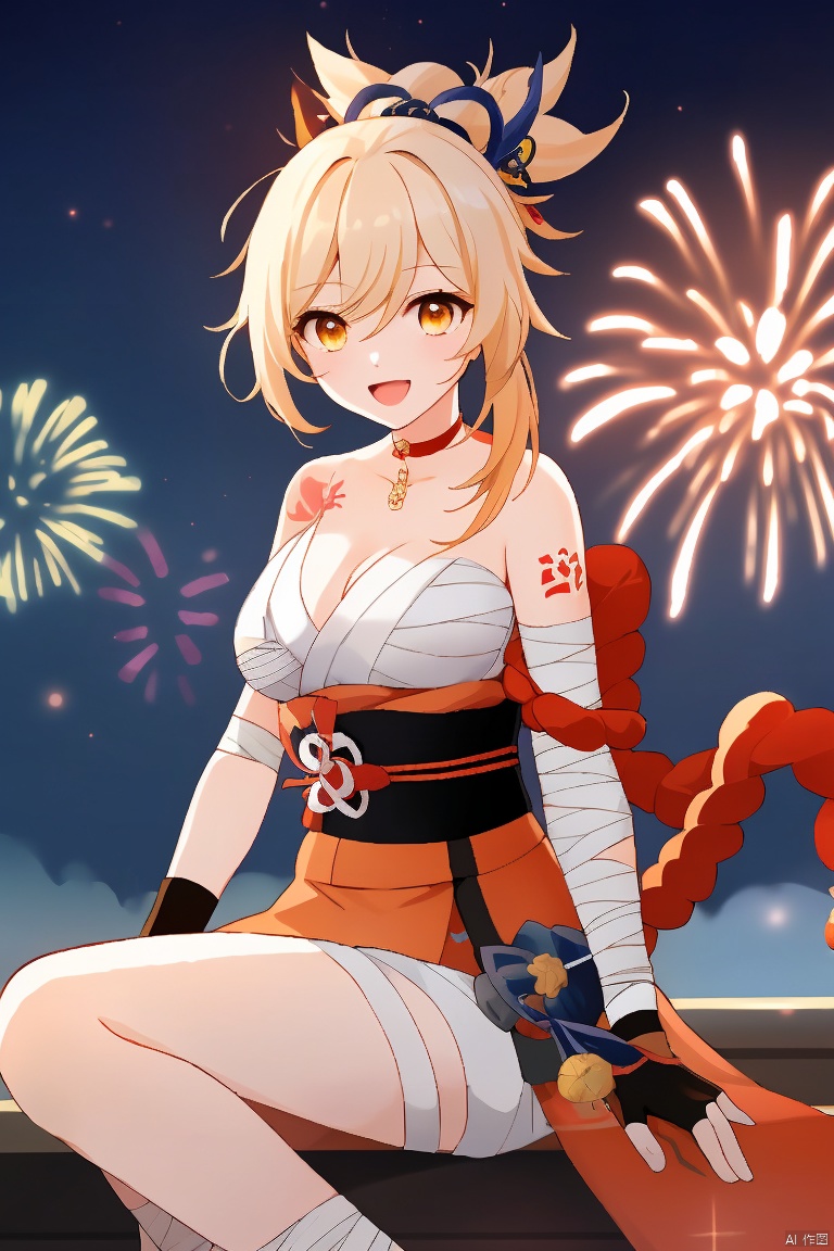  masterpiece,best quality,1girl, solo, breasts, smile, open mouth, bangs, blonde hair, hair ornament, gloves, cleavage, hair between eyes, sitting, yellow eyes, ponytail, :d, japanese clothes, choker, black gloves, fingerless gloves, kimono, orange eyes, sash, tattoo, night, bandages, obi, rope, night sky, sarashi, bandaged arm, vision \(genshin impact\), red choker, arm tattoo, shimenawa, bandaged leg, fireworks, chest tattoo, hadanugi dousa, orange kimono, single fingerless glove, sparkler, yoimiya \(genshin impact\)