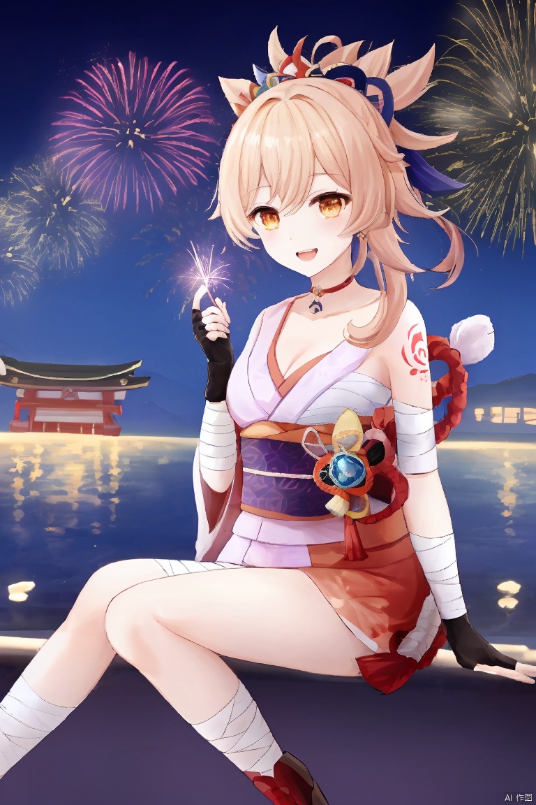  masterpiece,best quality,1girl, solo, breasts, smile, open mouth, bangs, blonde hair, hair ornament, gloves, cleavage, hair between eyes, sitting, yellow eyes, ponytail, :d, japanese clothes, choker, black gloves, fingerless gloves, kimono, orange eyes, sash, tattoo, night, bandages, obi, rope, night sky, sarashi, bandaged arm, vision \(genshin impact\), red choker, arm tattoo, shimenawa, bandaged leg, fireworks, chest tattoo, hadanugi dousa, orange kimono, single fingerless glove, sparkler, yoimiya \(genshin impact\)