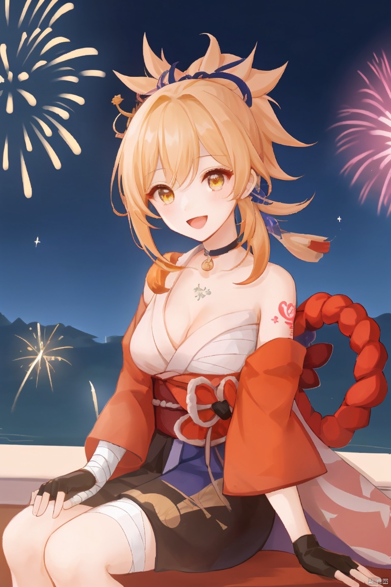  masterpiece,best quality,1girl, solo, breasts, smile, open mouth, bangs, blonde hair, hair ornament, gloves, cleavage, hair between eyes, sitting, yellow eyes, ponytail, :d, japanese clothes, choker, black gloves, fingerless gloves, kimono, orange eyes, sash, tattoo, night, bandages, obi, rope, night sky, sarashi, bandaged arm, vision \(genshin impact\), red choker, arm tattoo, shimenawa, bandaged leg, fireworks, chest tattoo, hadanugi dousa, orange kimono, single fingerless glove, sparkler, yoimiya \(genshin impact\)