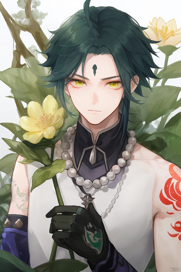  masterpiece,best quality,solo, looking at viewer, bangs, black hair, gloves, 1boy, holding, jewelry, closed mouth, yellow eyes, upper body, flower, ahoge, male focus, multicolored hair, green hair, necklace, tree, tattoo, leaf, facial mark, white flower, tassel, spikes, beads, forehead mark, holding flower, arm tattoo, asymmetrical clothes, bead necklace, green gloves, xiao \(genshin impact\)