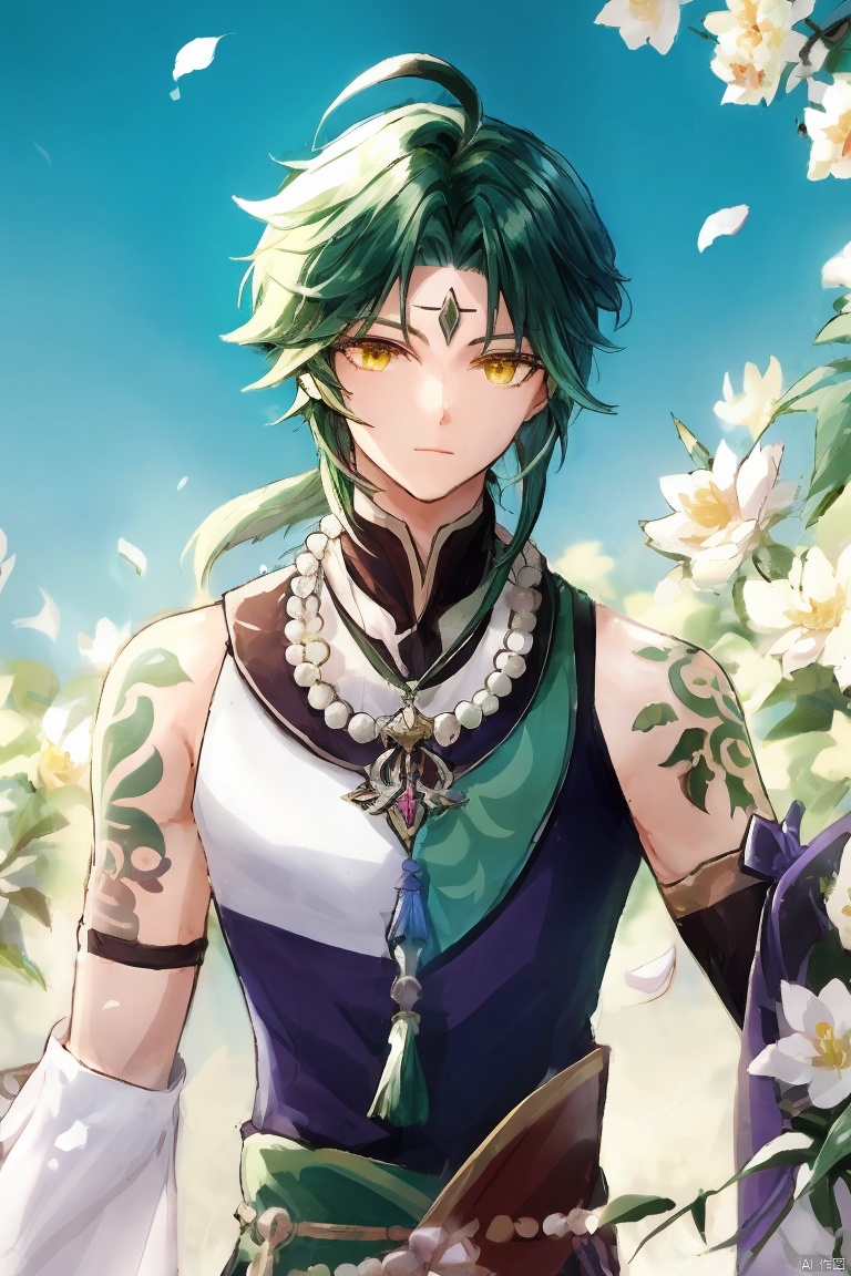  masterpiece,best quality,solo, looking at viewer, bangs, black hair, gloves, 1boy, holding, jewelry, closed mouth, yellow eyes, upper body, flower, ahoge, male focus, multicolored hair, green hair, necklace, tree, tattoo, leaf, facial mark, white flower, tassel, spikes, beads, forehead mark, holding flower, arm tattoo, asymmetrical clothes, bead necklace, green gloves, xiao \(genshin impact\)
