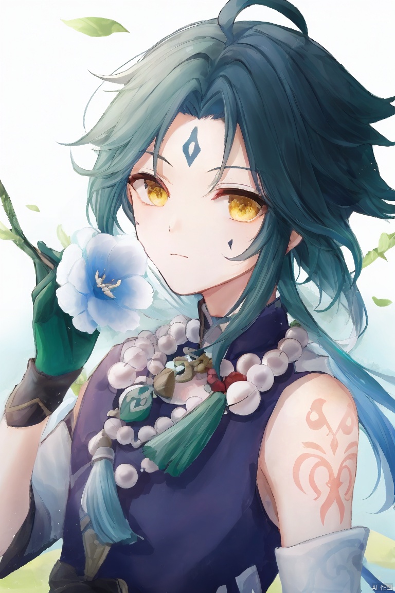  masterpiece,best quality,solo, looking at viewer, bangs, black hair, gloves, 1boy, holding, jewelry, closed mouth, yellow eyes, upper body, flower, ahoge, male focus, multicolored hair, green hair, necklace, tree, tattoo, leaf, facial mark, white flower, tassel, spikes, beads, forehead mark, holding flower, arm tattoo, asymmetrical clothes, bead necklace, green gloves, xiao \(genshin impact\)