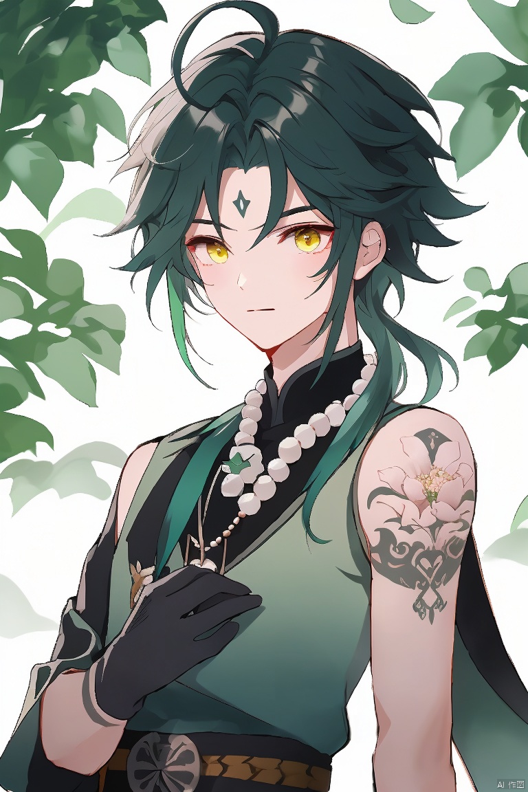  masterpiece,best quality,solo, looking at viewer, bangs, black hair, gloves, 1boy, holding, jewelry, closed mouth, yellow eyes, upper body, flower, ahoge, male focus, multicolored hair, green hair, necklace, tree, tattoo, leaf, facial mark, white flower, tassel, spikes, beads, forehead mark, holding flower, arm tattoo, asymmetrical clothes, bead necklace, green gloves, xiao \(genshin impact\)