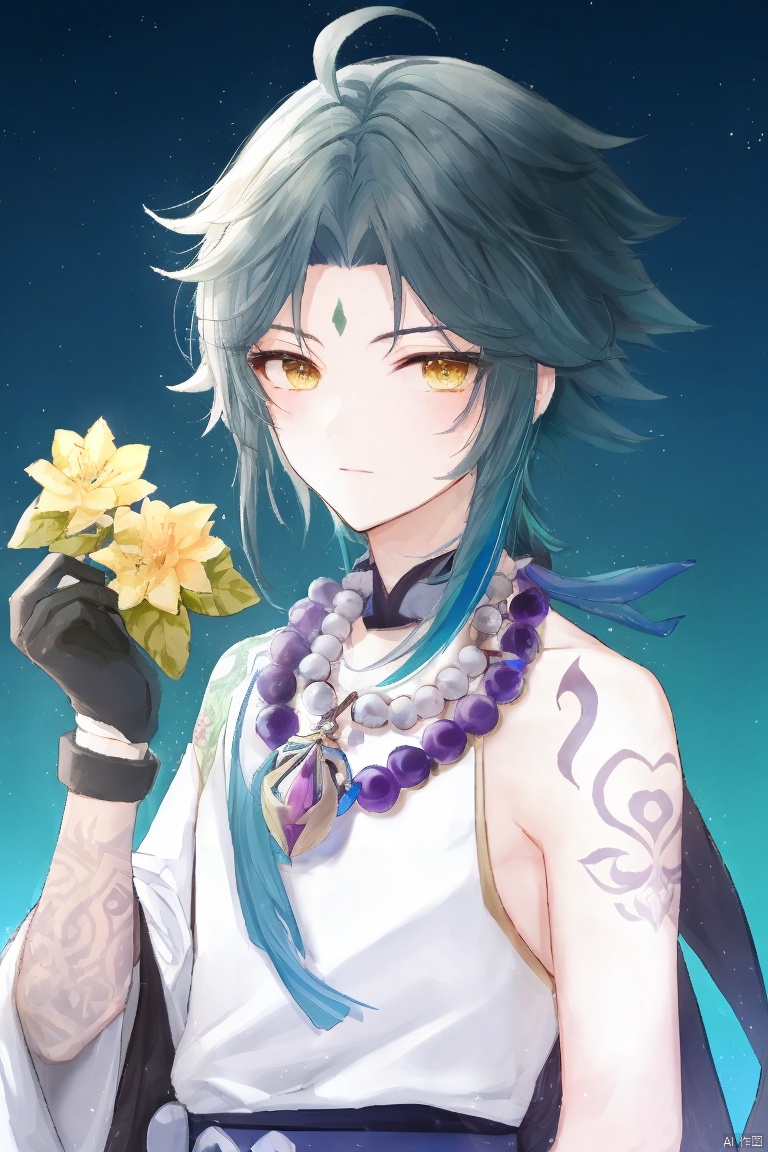  masterpiece,best quality,solo, looking at viewer, bangs, black hair, gloves, 1boy, holding, jewelry, closed mouth, yellow eyes, upper body, flower, ahoge, male focus, multicolored hair, green hair, necklace, tree, tattoo, leaf, facial mark, white flower, tassel, spikes, beads, forehead mark, holding flower, arm tattoo, asymmetrical clothes, bead necklace, green gloves, xiao \(genshin impact\)