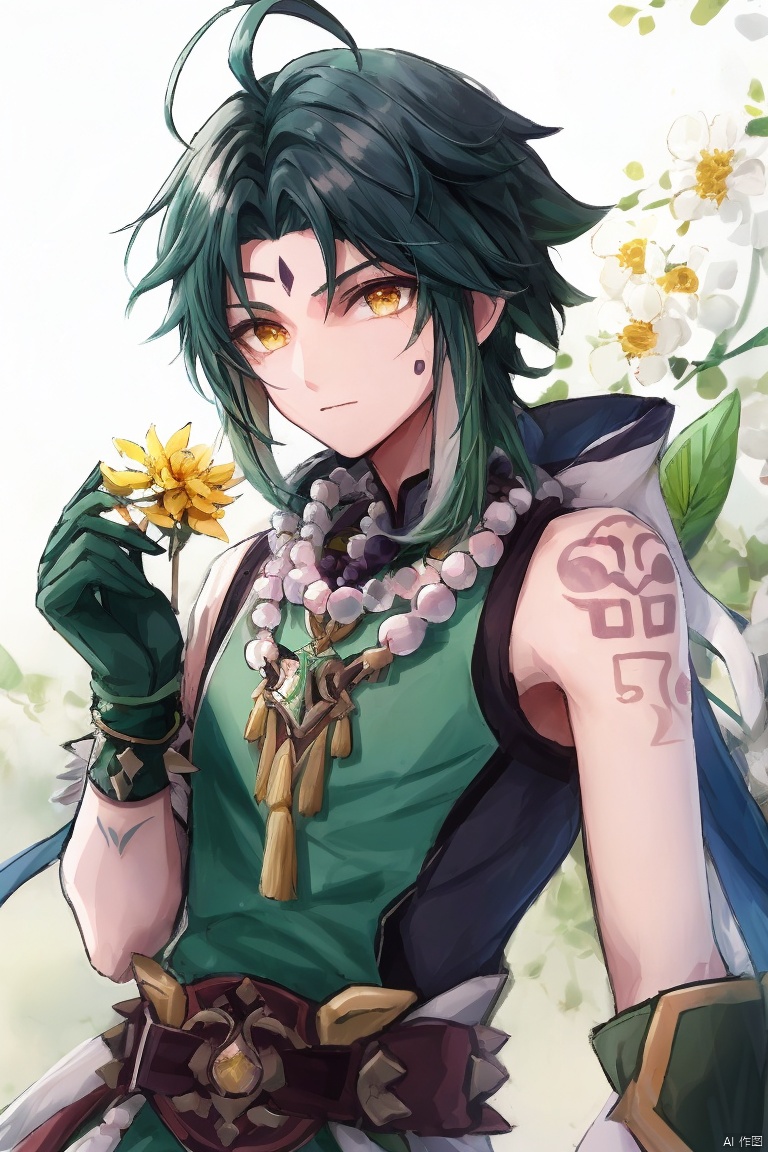 masterpiece,best quality,solo, looking at viewer, bangs, black hair, gloves, 1boy, holding, jewelry, closed mouth, yellow eyes, upper body, flower, ahoge, male focus, multicolored hair, green hair, necklace, tree, tattoo, leaf, facial mark, white flower, tassel, spikes, beads, forehead mark, holding flower, arm tattoo, asymmetrical clothes, bead necklace, green gloves, xiao \(genshin impact\)