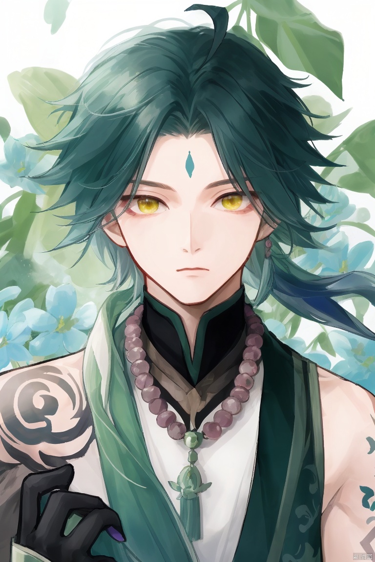  masterpiece,best quality,solo, looking at viewer, bangs, black hair, gloves, 1boy, holding, jewelry, closed mouth, yellow eyes, upper body, flower, ahoge, male focus, multicolored hair, green hair, necklace, tree, tattoo, leaf, facial mark, white flower, tassel, spikes, beads, forehead mark, holding flower, arm tattoo, asymmetrical clothes, bead necklace, green gloves, xiao \(genshin impact\)