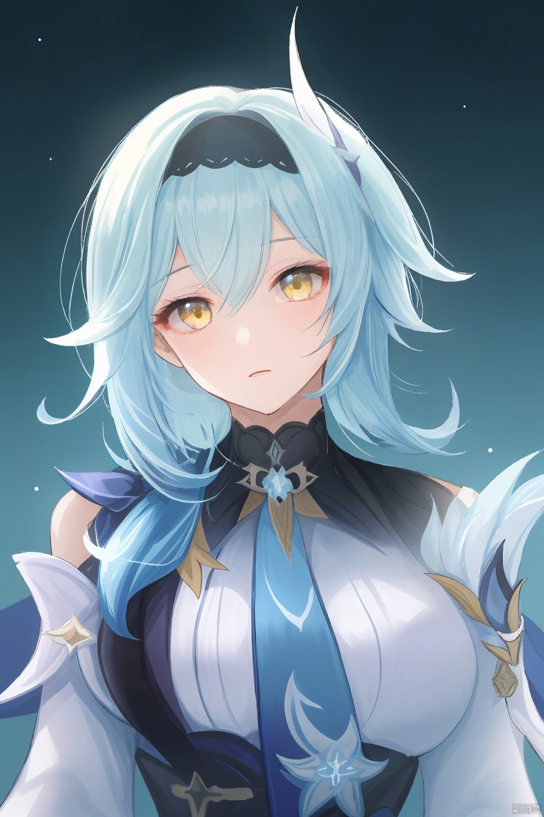  masterpiece,best quality,1girl, solo, long hair, breasts, looking at viewer, bangs, hair ornament, long sleeves, hair between eyes, blue hair, yellow eyes, upper body, hairband, necktie, medium hair, black hairband, blue necktie, vision \(genshin impact\), eula \(genshin impact\)