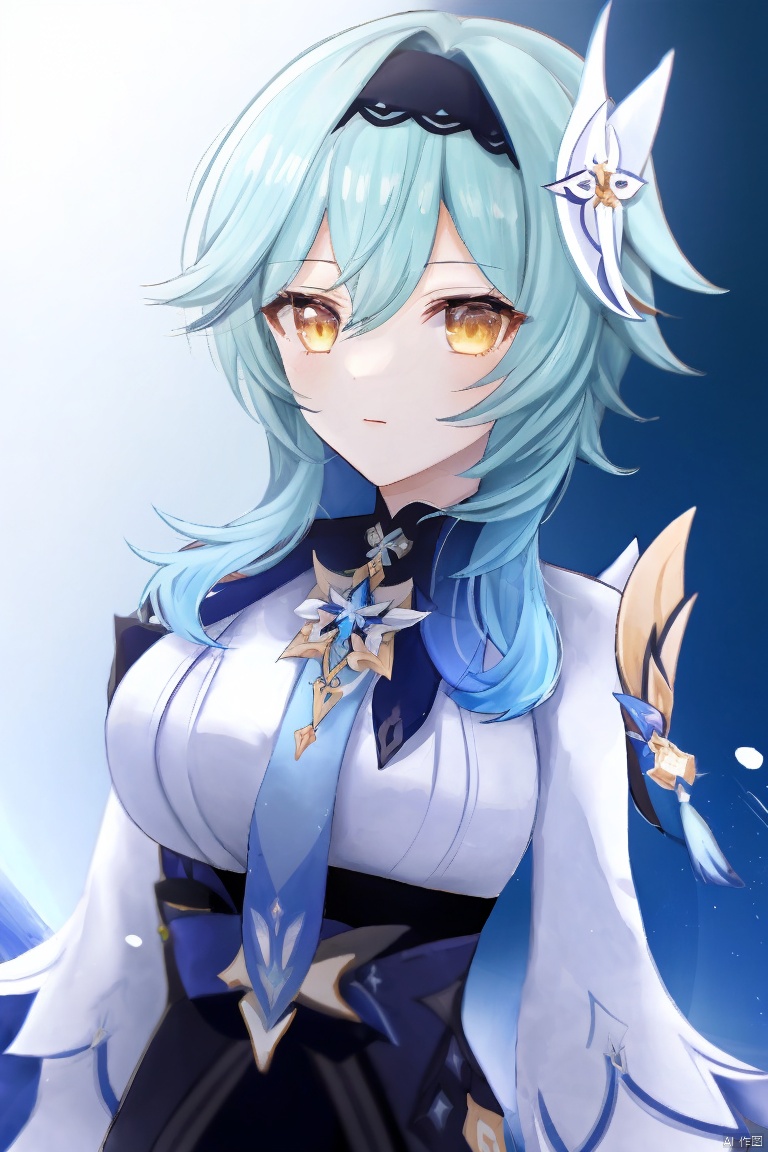  masterpiece,best quality,1girl, solo, long hair, breasts, looking at viewer, bangs, hair ornament, long sleeves, hair between eyes, blue hair, yellow eyes, upper body, hairband, necktie, medium hair, black hairband, blue necktie, vision \(genshin impact\), eula \(genshin impact\)