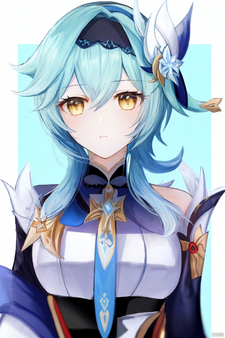  masterpiece,best quality,1girl, solo, long hair, breasts, looking at viewer, bangs, hair ornament, long sleeves, hair between eyes, blue hair, yellow eyes, upper body, hairband, necktie, medium hair, black hairband, blue necktie, vision \(genshin impact\), eula \(genshin impact\)