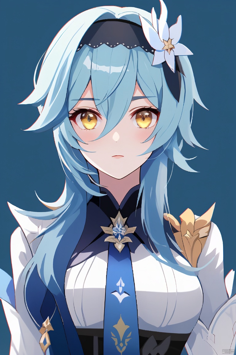  masterpiece,best quality,1girl, solo, long hair, breasts, looking at viewer, bangs, hair ornament, long sleeves, hair between eyes, blue hair, yellow eyes, upper body, hairband, necktie, medium hair, black hairband, blue necktie, vision \(genshin impact\), eula \(genshin impact\)