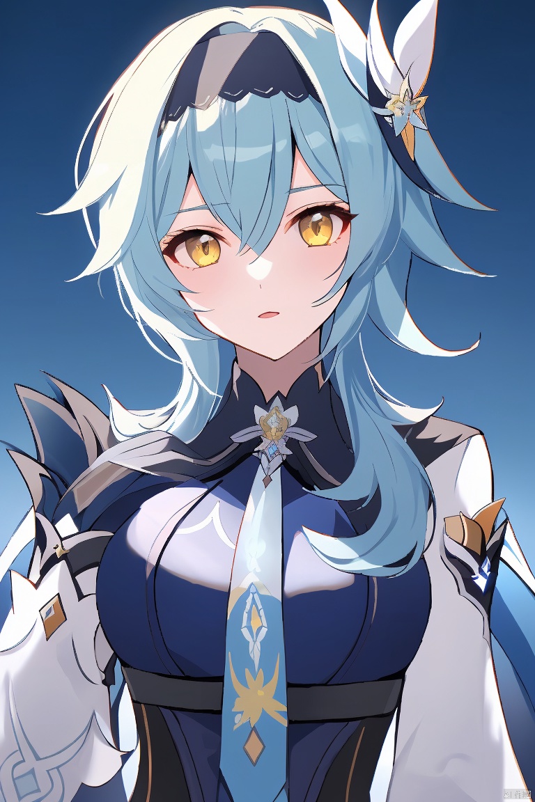  masterpiece,best quality,1girl, solo, long hair, breasts, looking at viewer, bangs, hair ornament, long sleeves, hair between eyes, blue hair, yellow eyes, upper body, hairband, necktie, medium hair, black hairband, blue necktie, vision \(genshin impact\), eula \(genshin impact\)