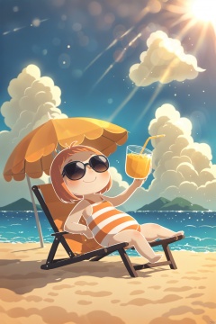 anthropomorphic, a chubby cloud with sunglasses, drinking juice, lying on a lounge chair by the sea. Sunbathing, cute drawing style, warm colors, flat illustration