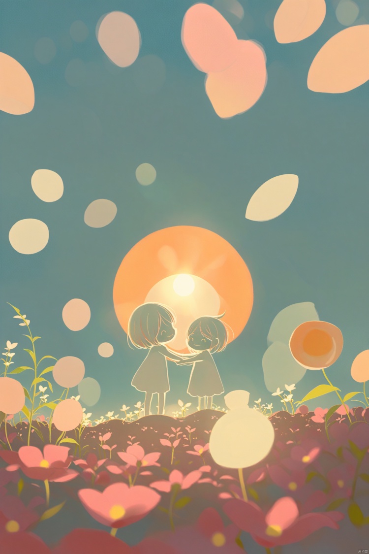 3D illustration of a cute mother and daughter hugging each other, surrounded by flowers and eggs in the style of dreamy landscapes with soft atmospheric perspective, vibrant orange and pink stage backdrops, childlike innocence and charm with cartoonish character design featuring bold shapes and cute characters against a pink background with a simple white sun in the sky resembling paper cutouts from 2d game art.