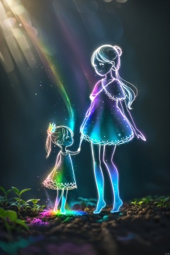  neon gradient light blue, turquoise and purple art of rainbow full body little princess and her mom on black background ,chinese, detailed linework, clear lines, bold vibrant colors, realistic forms, shading, perspective