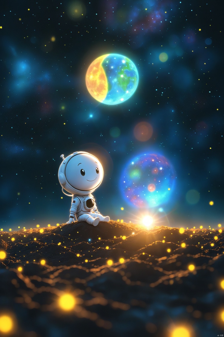 Two cartoon characters in white astronaut suits, a little boy sitting on a small moon and a little girl sitting on another small planet, cosmic background, c4d, IP by pop mart, Disney Pixar style characters, bright colors, HD rendering , wide angle, visual, clay material, animated lighting, high quality, ultra high definition