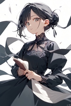  score_9, score_8_up, score_7_up, score_6_up, 1girl, solo, hair bun, single hair bun, black hair, white background, looking at viewer, dress, simple background, parted lips, ribbon, holding, black dress, spot color, long sleeves