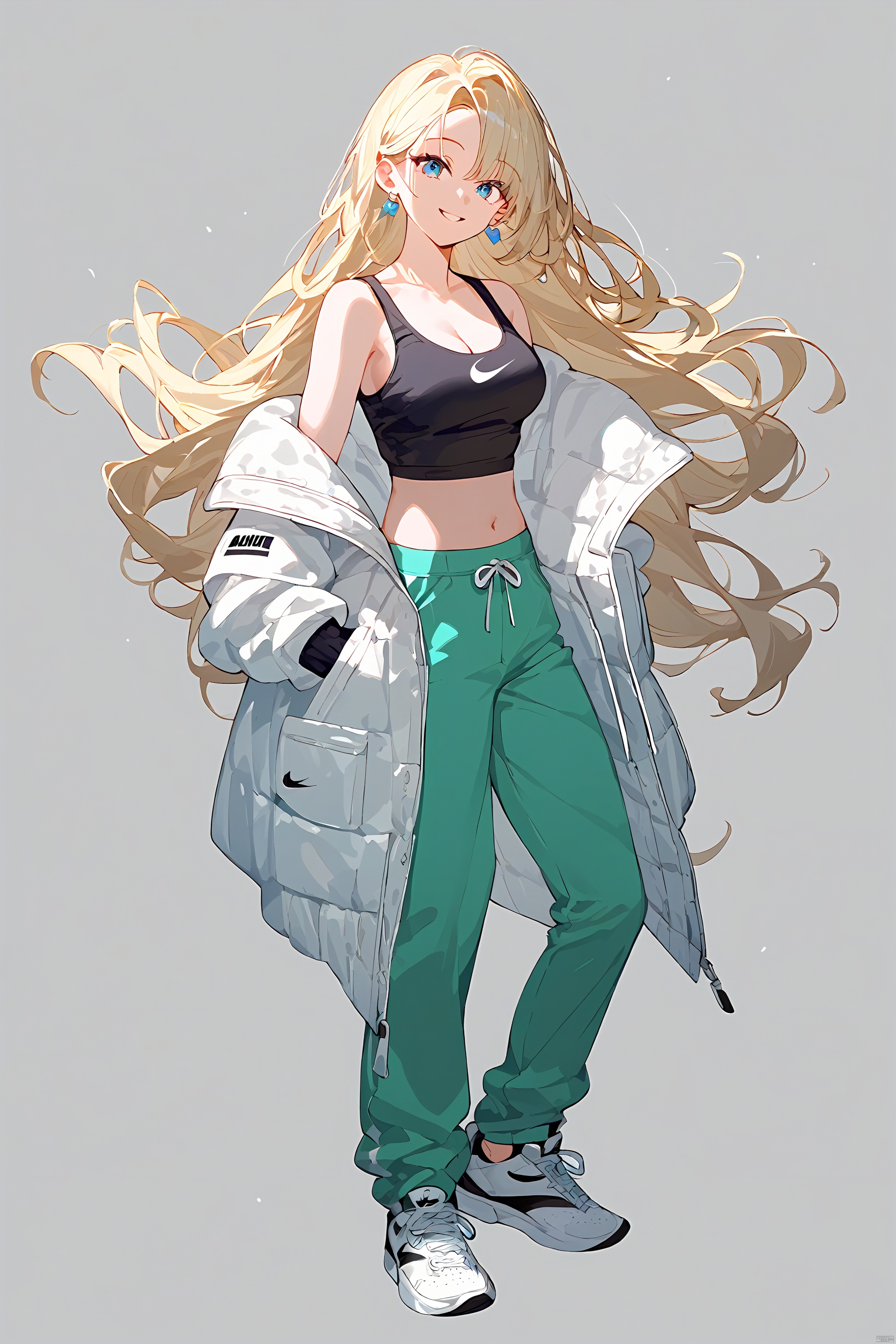  (score_9_up,score_8_up),(best quality), ((masterpiece)), (highres), illustration, original, extremely detailed . ooo, 1girl, solo, long hair, breasts, white background, full body, simple background, blonde hair, sneakers, pants, shoes, blue eyes, looking at viewer, navel, white footwear, jewelry, earrings, crop top, off shoulder, midriff, jacket, hands in pockets, bare shoulders, green pants, smile, standing, cleavage, parted lips, open clothes, **** top, medium breasts, collarbone, open jacket, floating hair, nike, white jacket