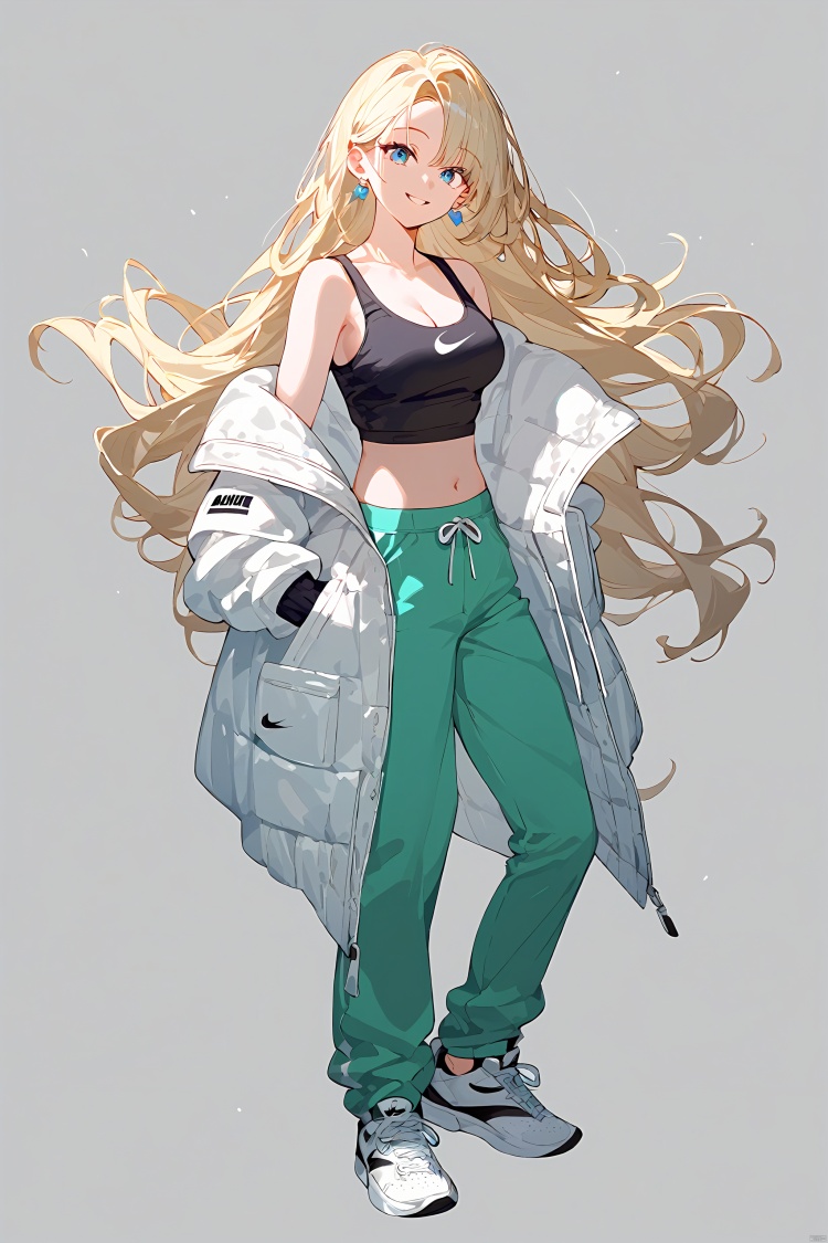  (score_9_up,score_8_up),(best quality), ((masterpiece)), (highres), illustration, original, extremely detailed . ooo, 1girl, solo, long hair, breasts, white background, full body, simple background, blonde hair, sneakers, pants, shoes, blue eyes, looking at viewer, navel, white footwear, jewelry, earrings, crop top, off shoulder, midriff, jacket, hands in pockets, bare shoulders, green pants, smile, standing, cleavage, parted lips, open clothes, tank top, medium breasts, collarbone, open jacket, floating hair, nike, white jacket
