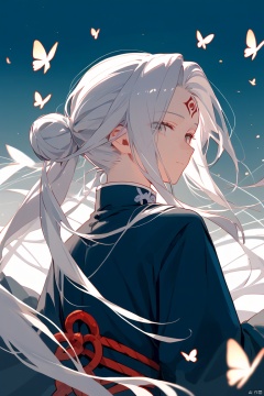  score_9, score_8_up, score_7_up, score_6_up, 1boy, solo, male focus, bug, butterfly, forehead mark, long hair, facial mark, upper body, looking back, chinese clothes, from behind, looking at viewer, flower, hanfu, profile, grey hair, sideways glance, robe, long sleeves, ponytail, hair pulled back, eyelashes, very long hair, closed mouth, white hair, hair bun