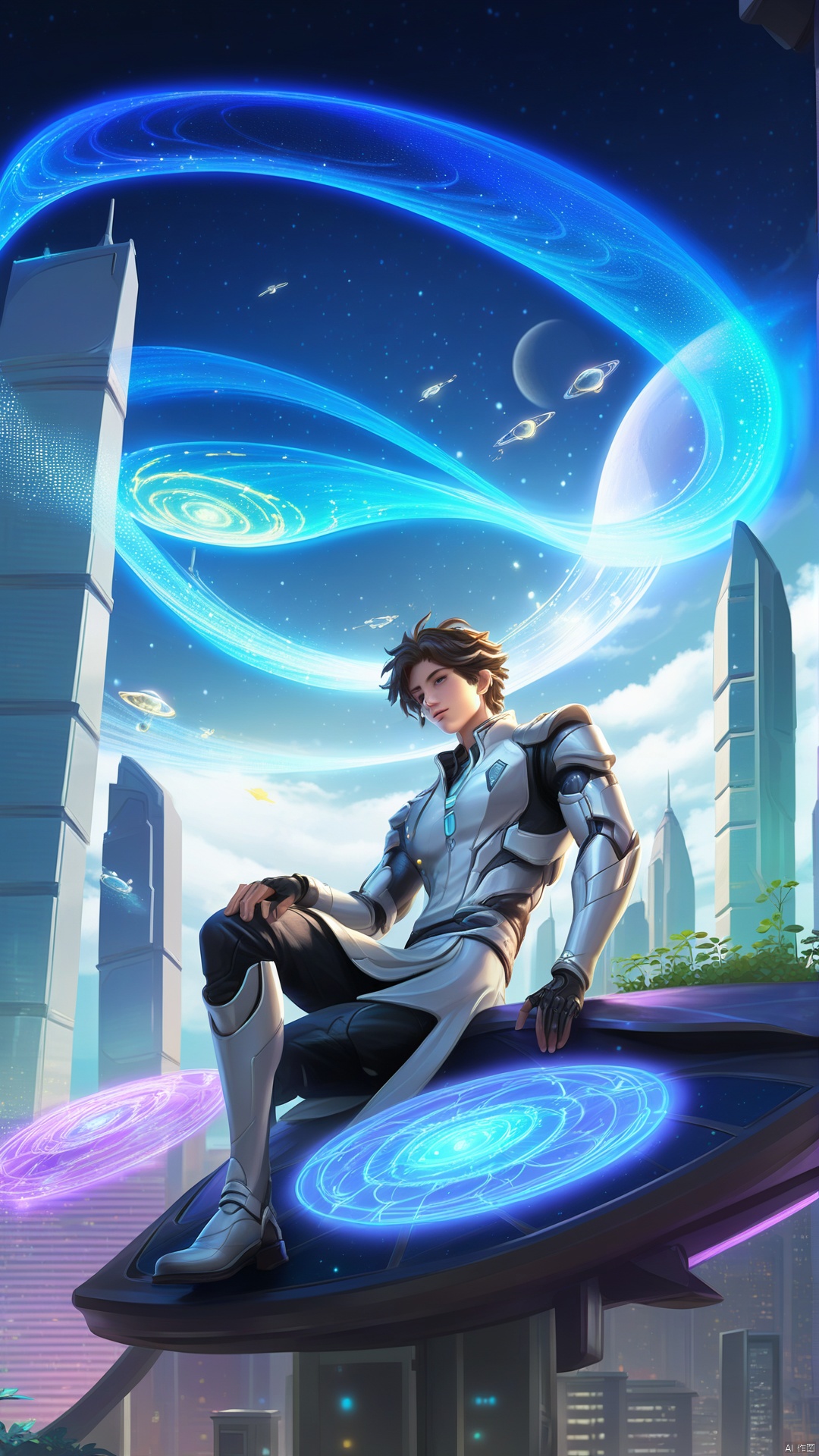 The protagonist is lying on the rooftop of a futuristic city, surrounded by high-rise buildings, and the night sky is filled with dazzling city lights and distant stars. Next to the protagonist, a giant holographic projection device is displaying the latest achievements of future technology, projecting a smooth and wonderful future city scene, adding a sense of wonder and vitality of future technology to the protagonist's rest.