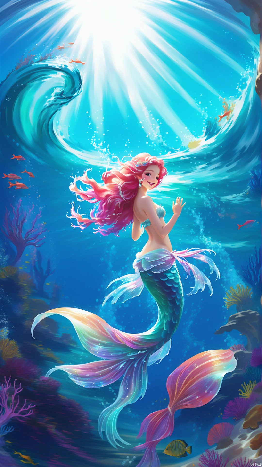 (Special perspective) The scene quickly switches to the bottom of the sea. A beautiful mermaid is sitting on a coral reef, surrounded by a colorful underwater world. The camera quickly rotates around her, capturing her fan-like scales and smiling face. As the camera moves, underwater creatures dance around her like a dream, giving people a feeling of dreaminess and beauty coexisting.