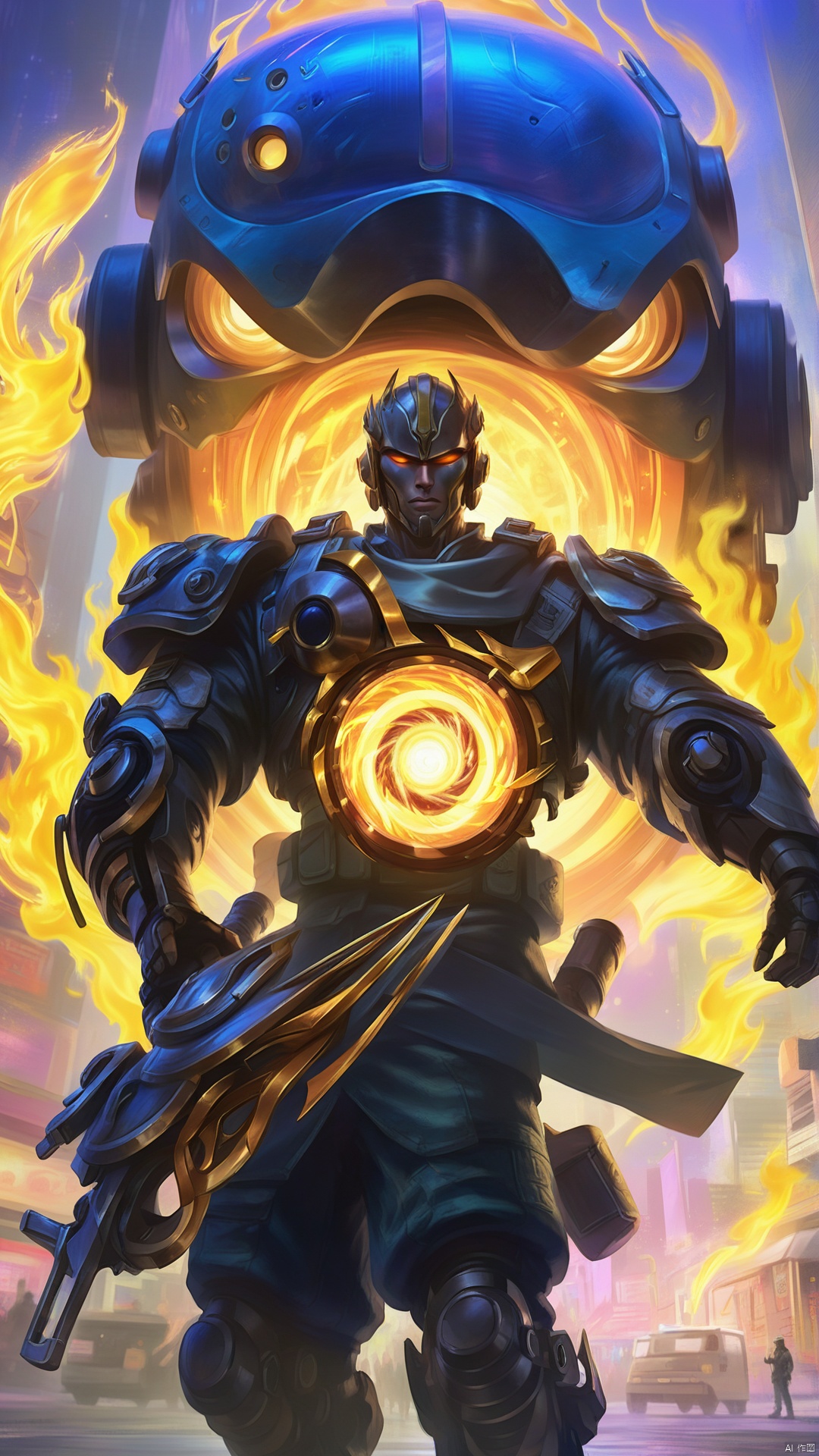 The camera focused on the mechanical eyes of a future warrior, revealing a hint of mechanical indifference and determination. The surface of the mechanical eye reflects the neon lights of the city and the flames of explosions, reflecting the shattered world in which the warrior lives. The silhouette of the soldier is vaguely visible. His face is resolute, seeming to declare his determination to fight.