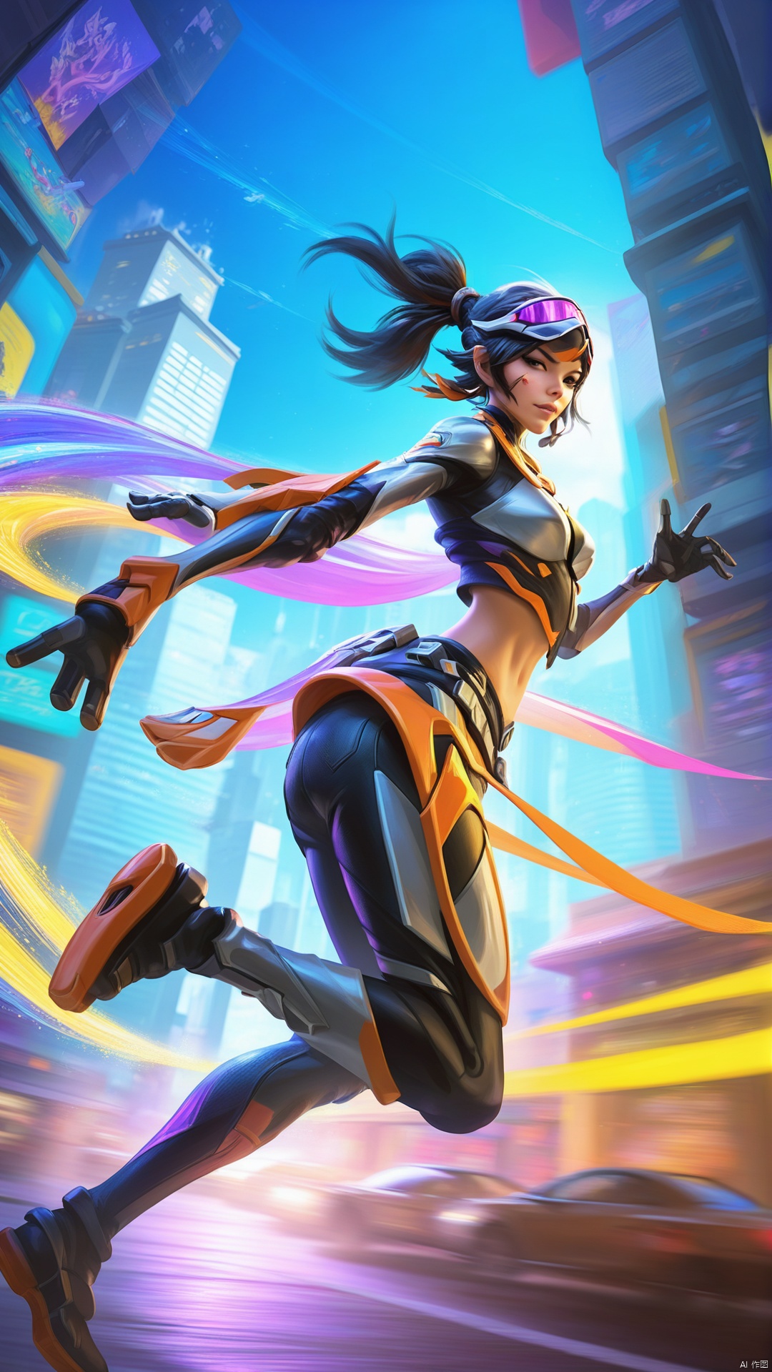 In the game's art announcement screen, the camera instantly switches to a high-speed future city. A mechanized ninja girl flies along the narrow streets, nimbly shuttles between high-rise buildings, leaving a flickering light trail behind her, showing her Extraordinary speed and agility. The camera follows her movements, capturing her agile posture and smooth movements, creating an ultimate sense of speed and excitement.