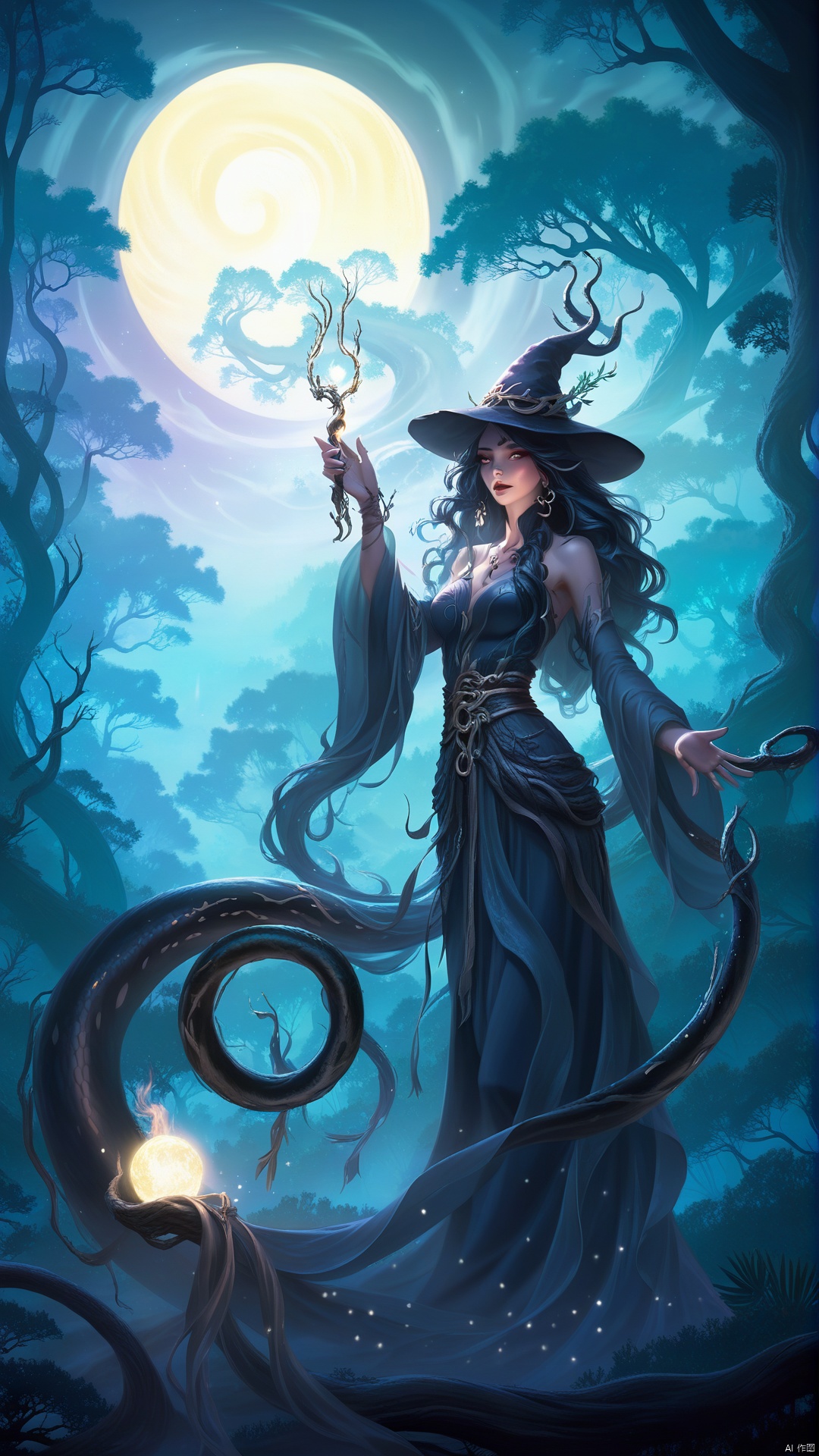 A mysterious witch stands alone in the forest at night. Next to her is a huge black snake coiled up. Her long hair is flowing and she holds a shining wand in her hand. Surrounded by dense woods and flowing smoke, the moonlight shines through the leaves, outlining a mysterious and strange scene, giving people a mysterious and tense feeling