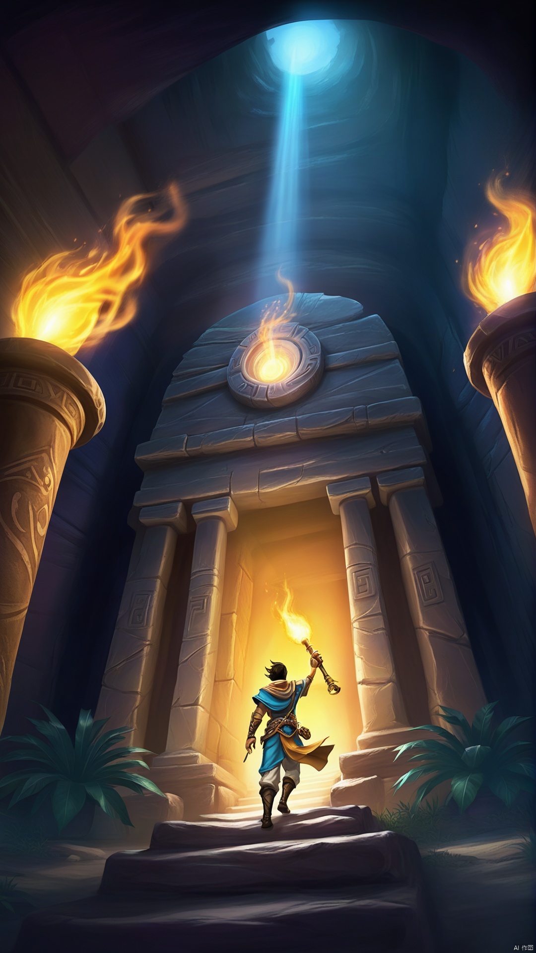 (Special perspective) In the game's art promotion screen, the camera suddenly switches to the interior of a mysterious ancient tomb. An adventurer shuttles through dangerous passages, holding a torch and looking around nervously. The camera moves quickly to capture every thrilling moment, creating a tense and exciting atmosphere and giving people the feeling of being in an adventure.