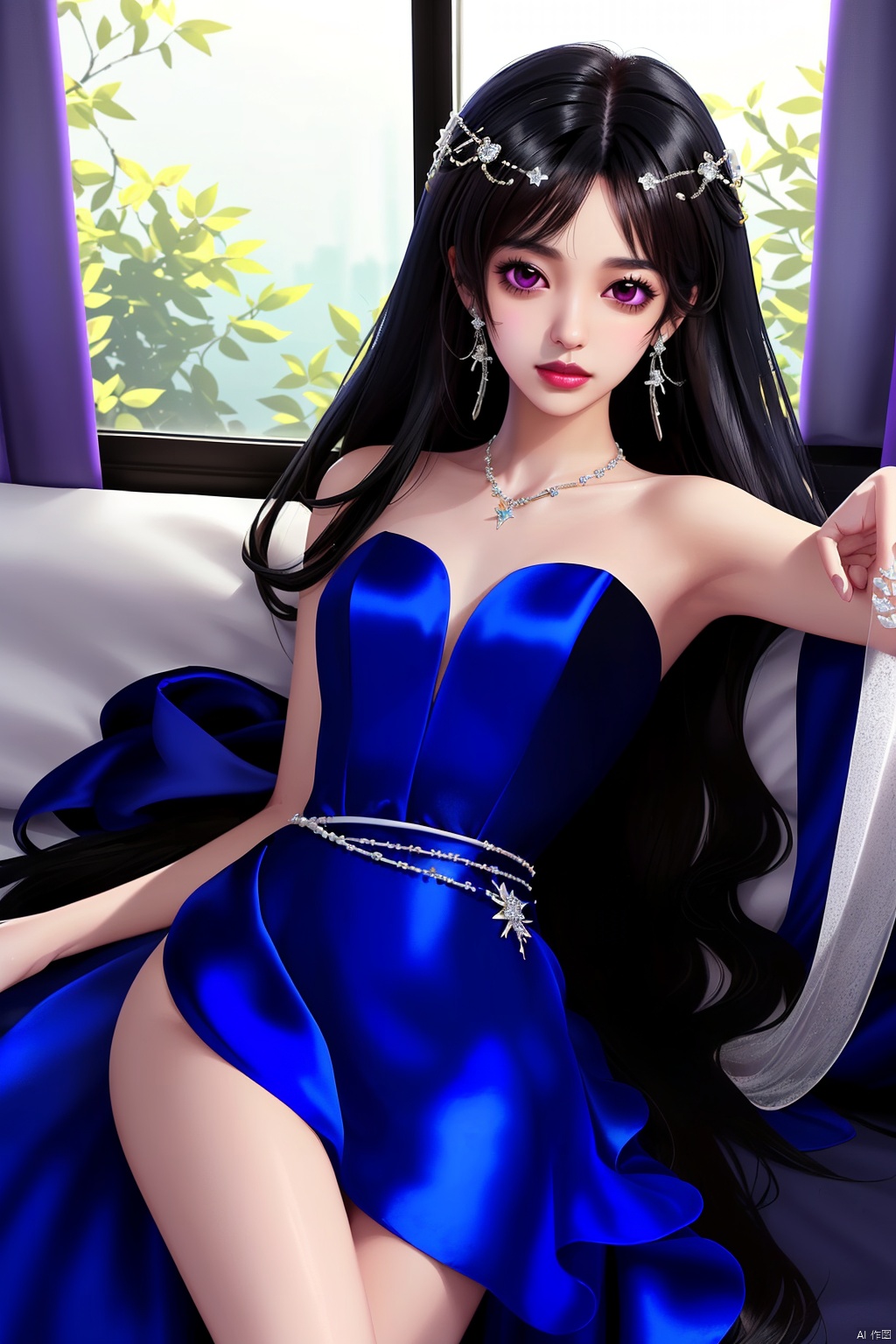 1girl, solo, long hair, black hair, hair ornament, dress, jewelry, lying, indoors, on back, window, blue dress, curtains, purple dress, dark illuminate (idolmaster),
White, tender , silky ,Straight legs. 
A graceful, thin waist.Skin is white, tender and silky.
