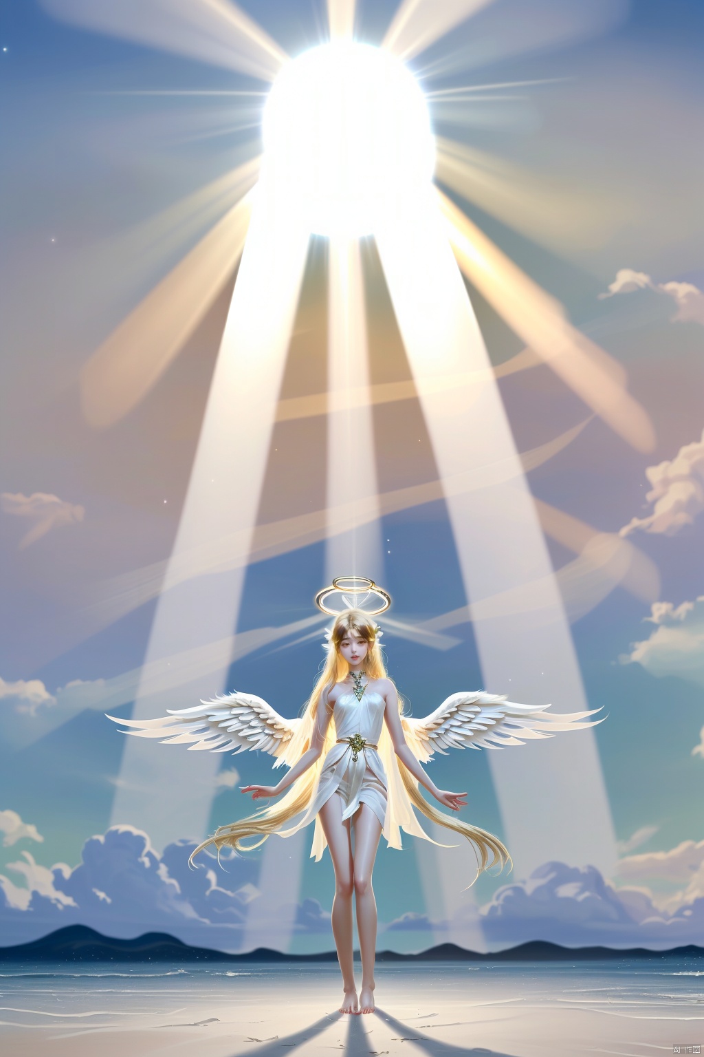 1girl, solo, long hair, blonde hair, closed eyes, wings, barefoot, glowing, halo, feathered wings, angel wings, light rays, angel, multiple wings

White, tender , silky ,Straight legs. 
A graceful, thin waist.Skin is white, tender and silky.