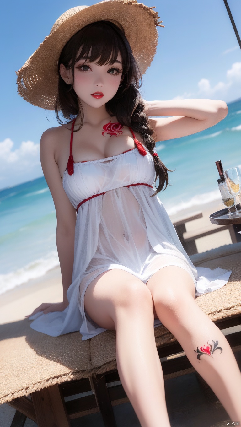 1girl,hat, long hair, solo,tattoo,outdoors, black hair, dress, white dress, sun hat, looking at viewer, day, black eyes, chair,abdomen tattoo covered by dress,see through hemline,(abdomentattoo1:1.6),beach, ocean, blurry, parted lips, dutch angle, straw hat, lipstick, bangs, makeup, water, scenery, sky, red lips, brown eyes, blurry background, holding, depth of field, sitting, realistic, sundress,blunt bangs, umbrella,