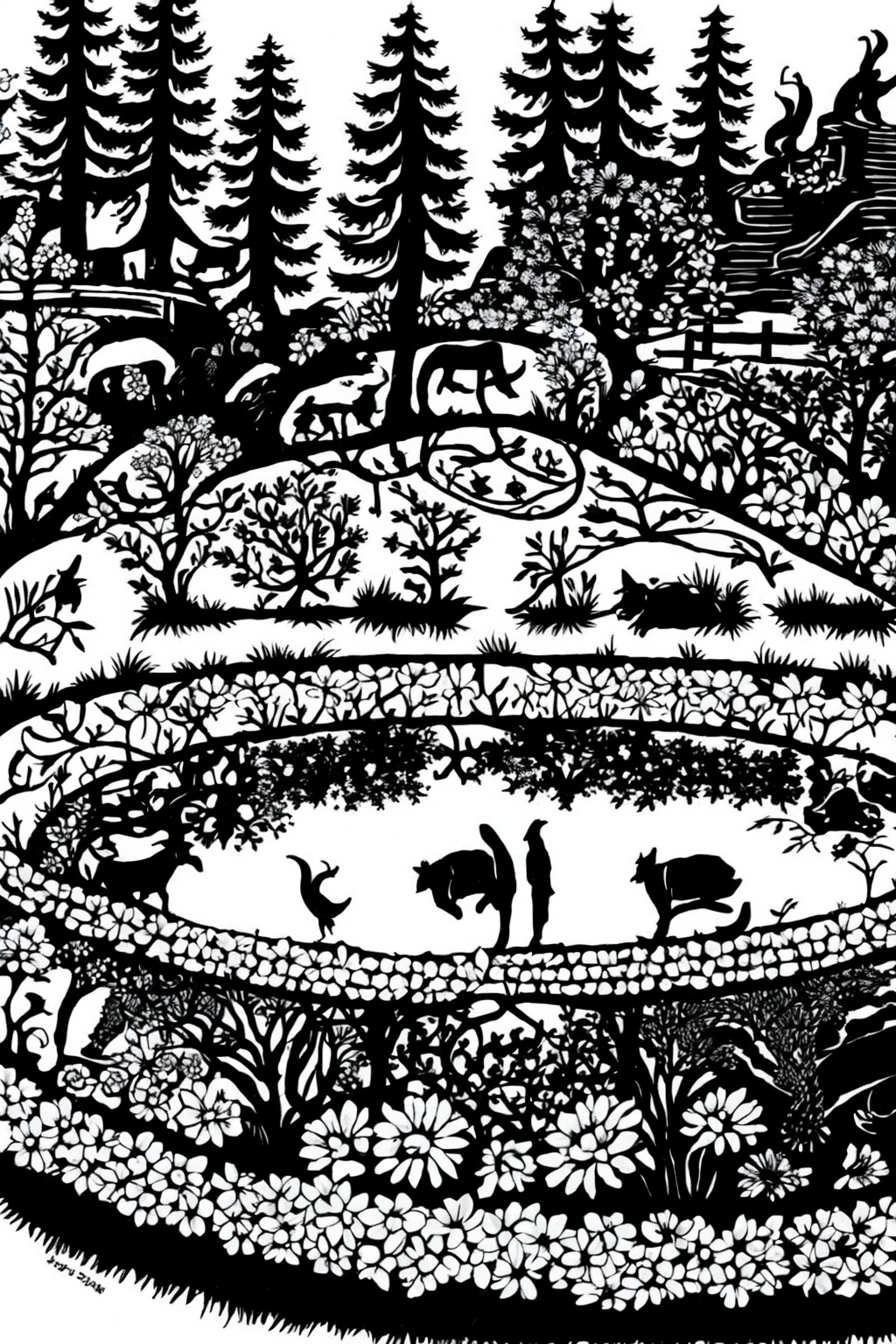 masterpiece,  top quality、 monochrome、 garden,  pond on Tensor.Art